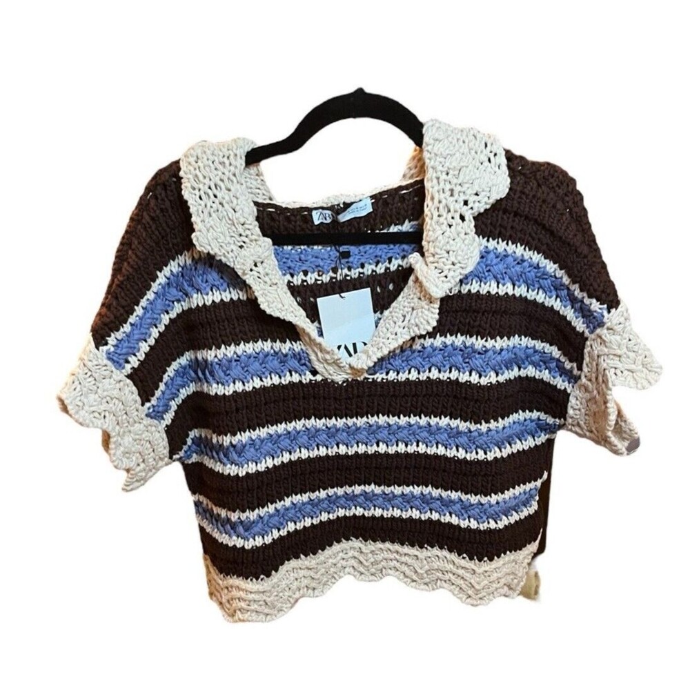 ZARA Women's Crochet Knitted Hooded Oversized Striped Top Size  Medium